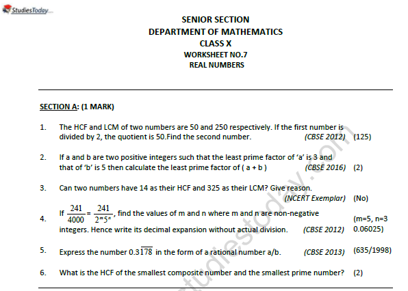 Class 10 Cbse Real Numbers Worksheet